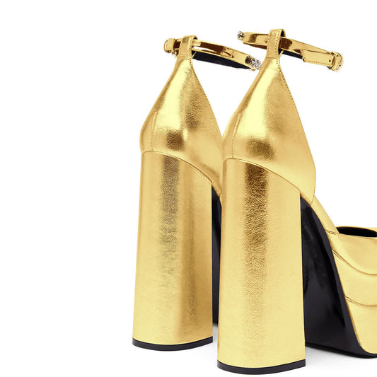 Golden Square Head Hollow Waterproof Platform Buckled Chunky Heel Super High Heel