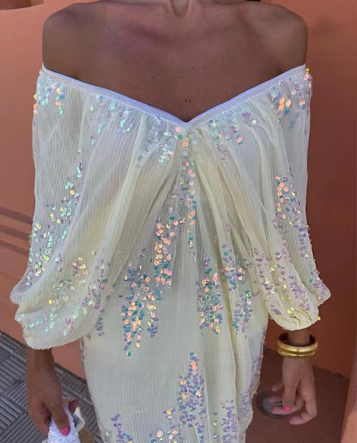 Bat Sleeve Sequins Deep V-neck Long Dress 20240345