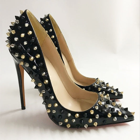 Black Patent Leather Color Matching Rivet High Heels Female Pointed Stiletto