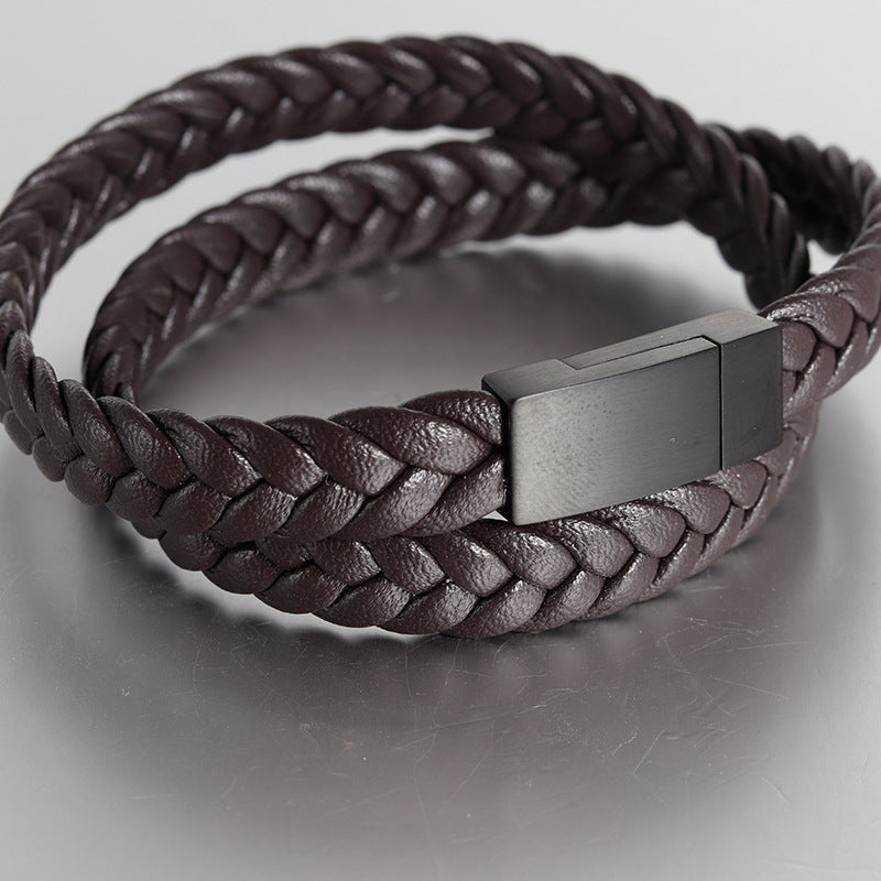Men's Double-Layer Stainless Steel Leather Braided Bracelet