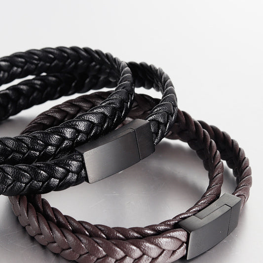 Men's Double-Layer Stainless Steel Leather Braided Bracelet
