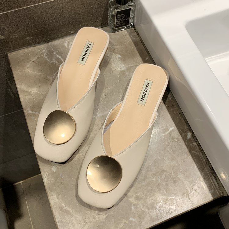 Dress Net Red Slippers Women'S Summer New Fashion Casual Baotou Half Slippers Women'S Low Heel Thick Heel Sandals Muller Shoes