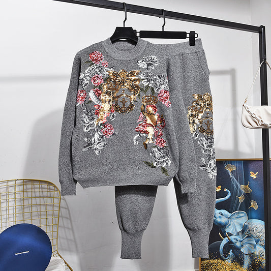 Sequined Long-sleeved Knit Sweater Sweater Feet Pants Fashion Suit Women
