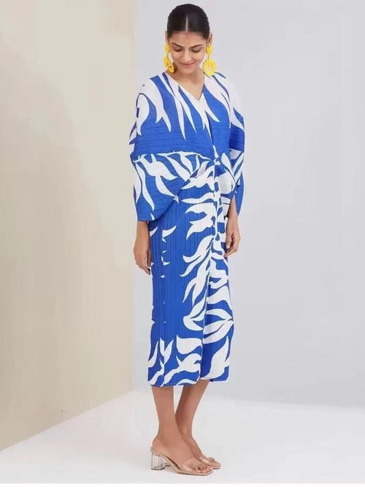 Pleated Fashion Printed Batwing Sleeve Dress