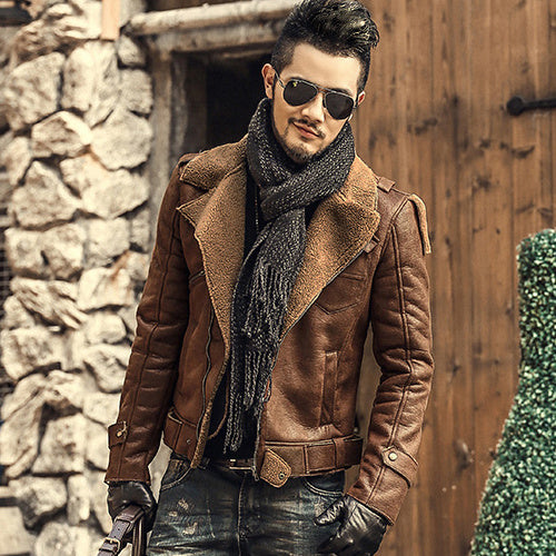 Winter thickened faux fur one jacket suede lamb hair male slim motorcycle leather jacket F1056