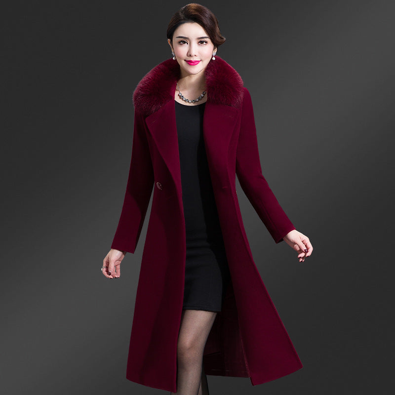 Korean Version Fox Fur Collar Single Side Cashmere Coat