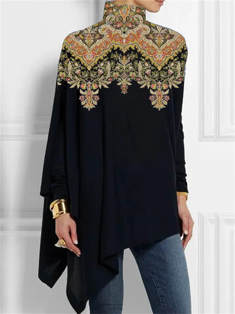 Irregular Hem Loose Casual Print Long Sleeve Turtleneck Bottoming Shirt