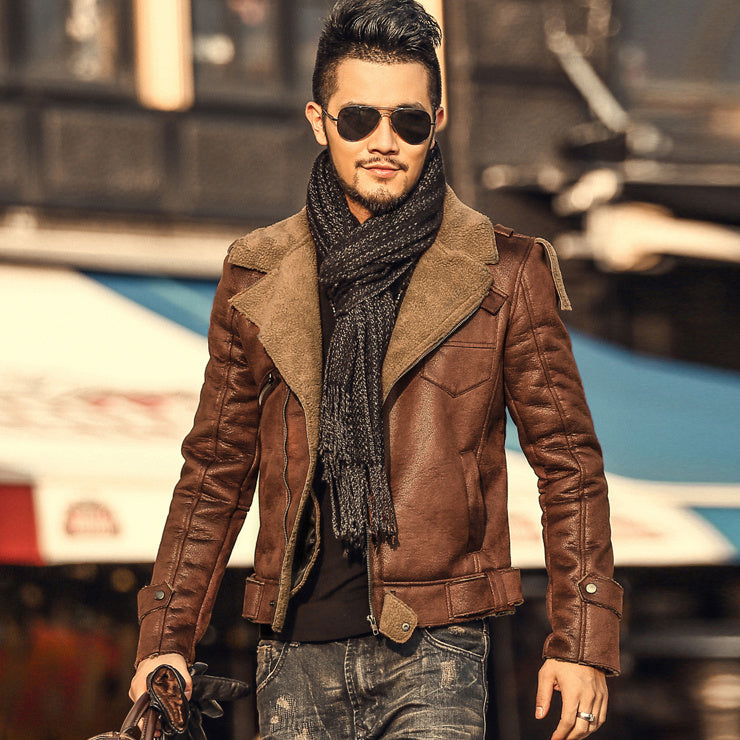 Winter thickened faux fur one jacket suede lamb hair male slim motorcycle leather jacket F1056