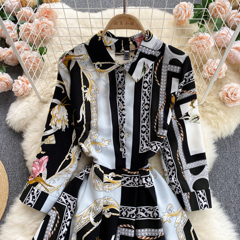 Design Niche Color Matching Printed Temperament Slim Light Mature Dress