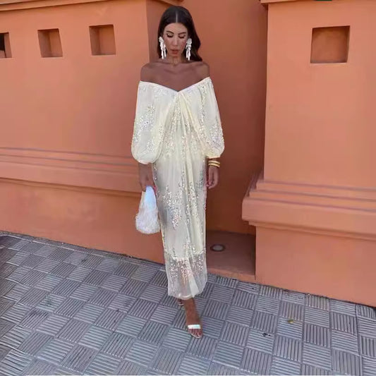 Bat Sleeve Sequins Deep V-neck Long Dress 20240345