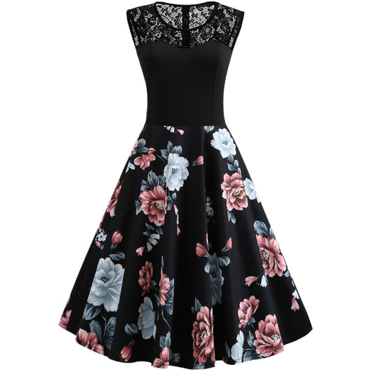 Lace Stitching Sleeveless Hot-selling Floral-print Retro Dress