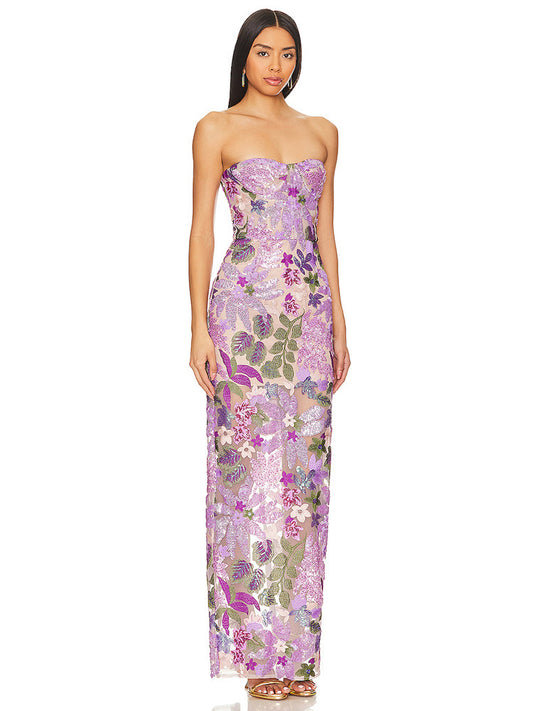 Female Purple Embroidered Sequins Bandeau Slim-fit Dress