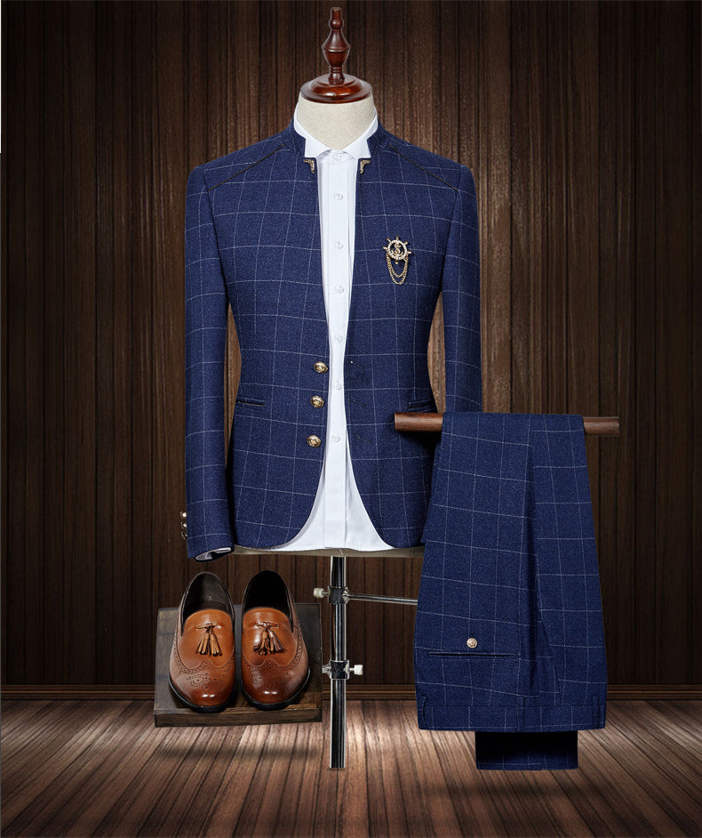 Business Men's Stand-up Collar Suit Two-piece Korean Style Sportsman Slim Suit Suit