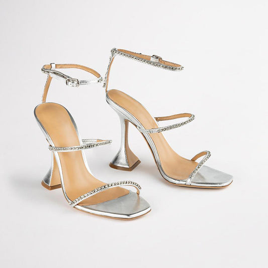 High Heels Square Toe Wine Glass Heel With Large Size Rhinestone Sandals