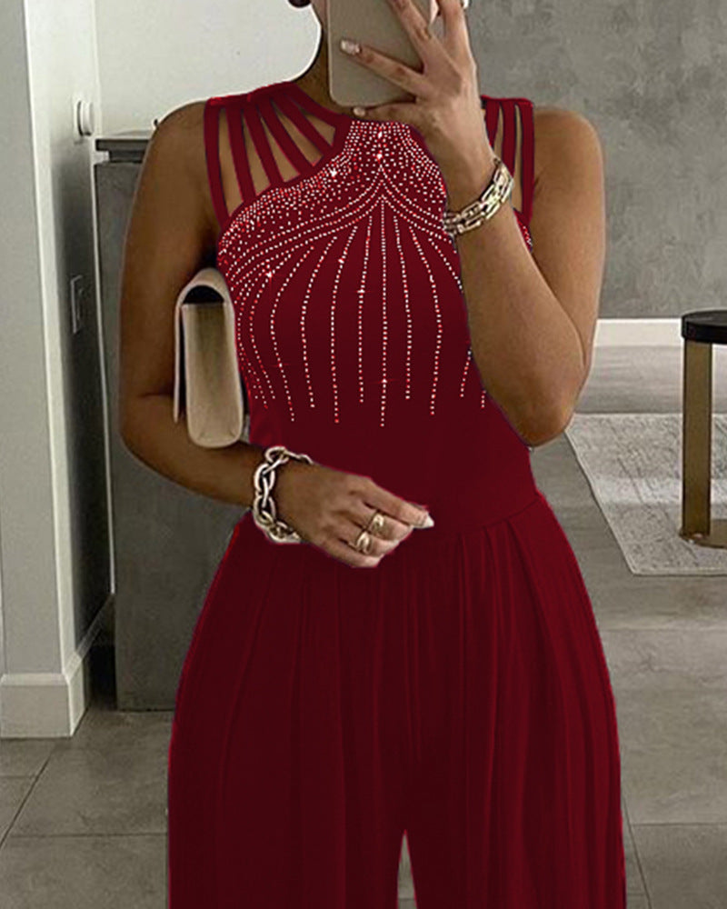 Women's Rivet Hollow Hollow Wide Leg Jumpsuit New Elegant Round Neck