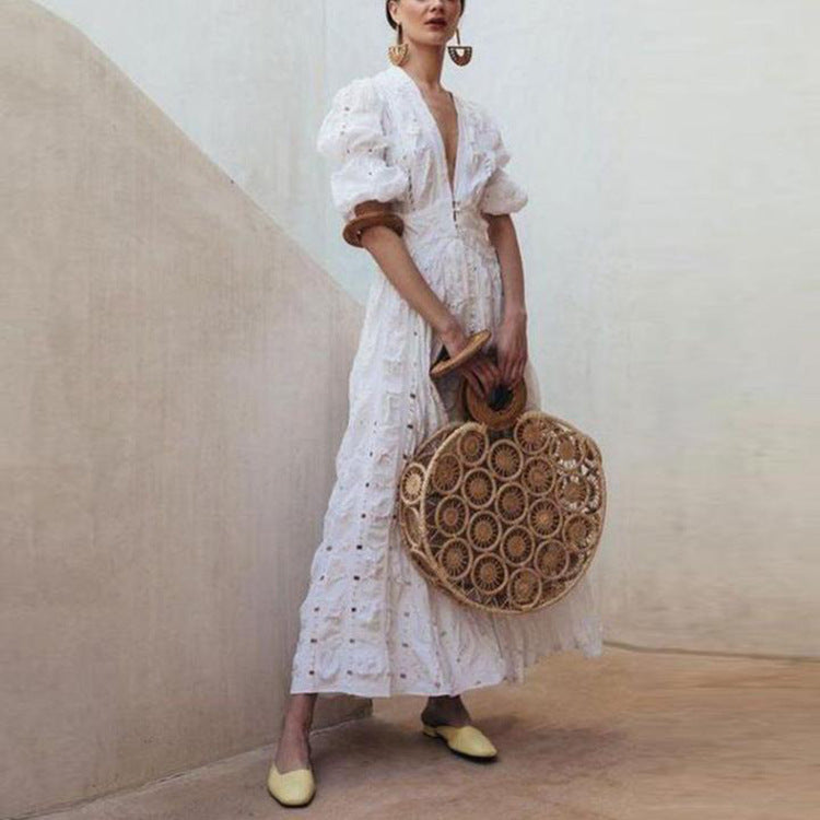 Women's Bubble Sleeve Lace Dress Hollow Out