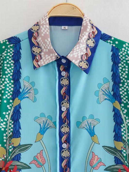 Women's Fashionable Retro Loose Positioning Printed Shirt And Trousers Suit