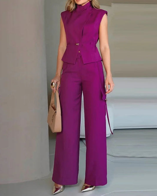 Rest Sleeveless Polo Collar Solid Color Casual Two-piece Suit