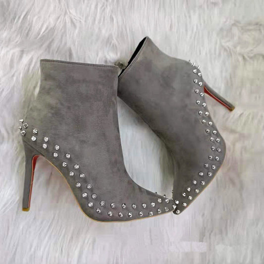 Suede Pointed Toe Gray Rivets Women's Boots Stiletto Heel Boots Side Zipper British Style Martin Boots