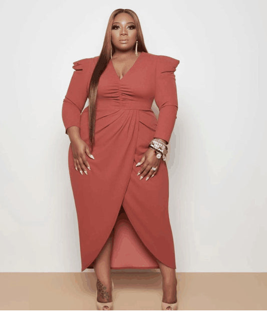 Women's Plus Size Fall V-neck Irregular Long Sleeve Dress