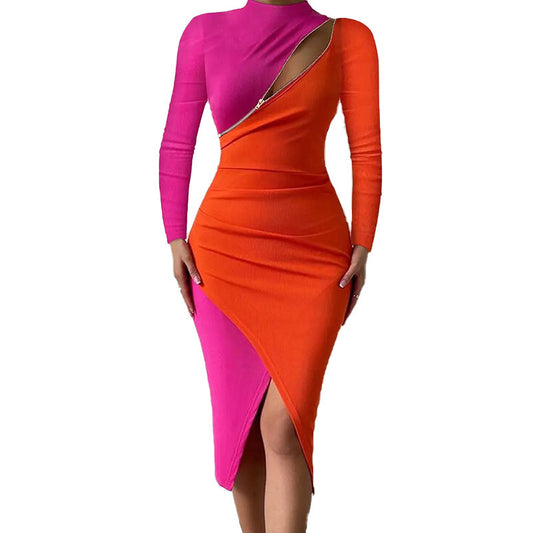 Autumn Women's Elegant Socialite Style High Waist Long-sleeve Zipper Tight Dress