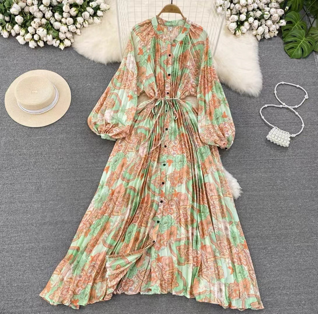 Light Luxury Temperament Lantern Long Sleeve Round Neck Waist Trimming Slimming Single-breasted Printed Dress