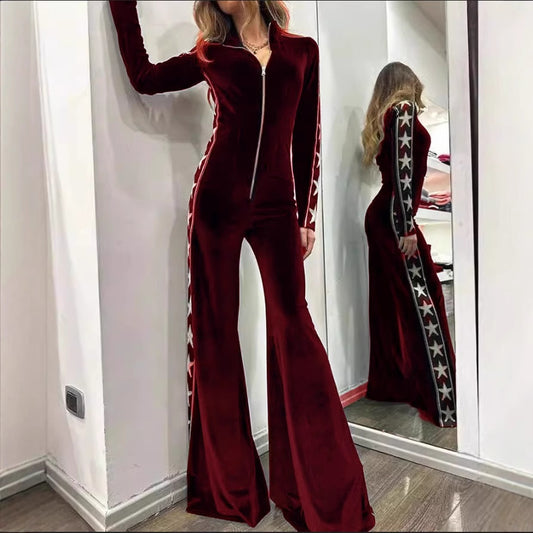 Fashion Velvet Stitching Printing Long Sleeve Wide Leg Jumpsuit