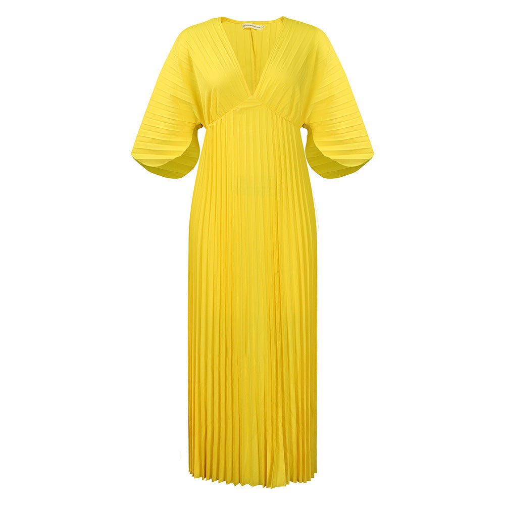 Women's Loose Casual V-neck Batwing Sleeve Pleated Dress
