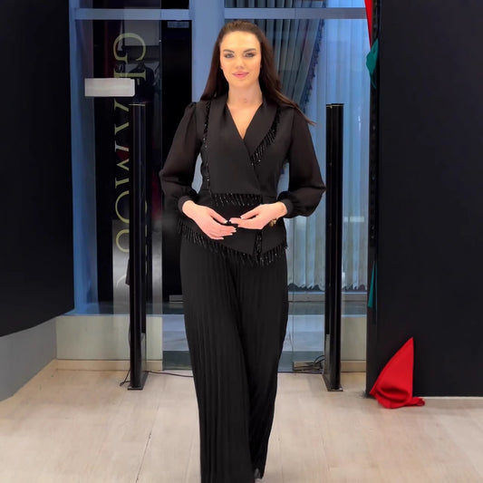 V-neck Temperamental Tassels Drawstring Slim-fit Wide Leg Pants Two-piece Set