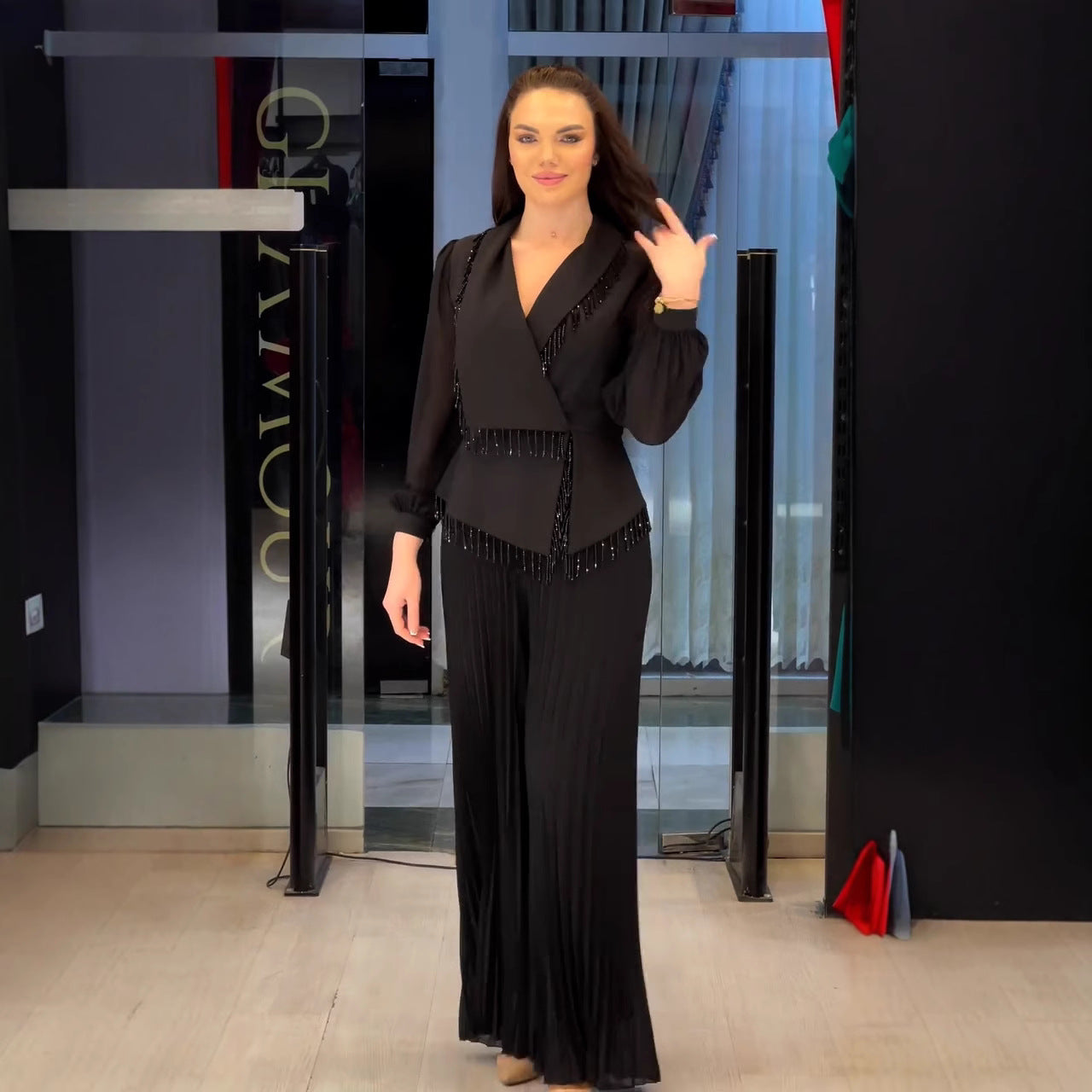 V-neck Temperamental Tassels Drawstring Slim-fit Wide Leg Pants Two-piece Set