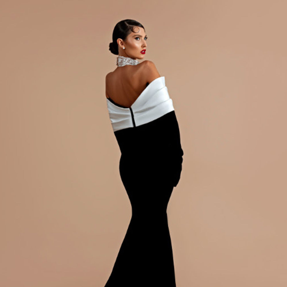 Elegant Contrast Color Heavy Industry Set Diamond Evening Dress Elegant Off-shoulder