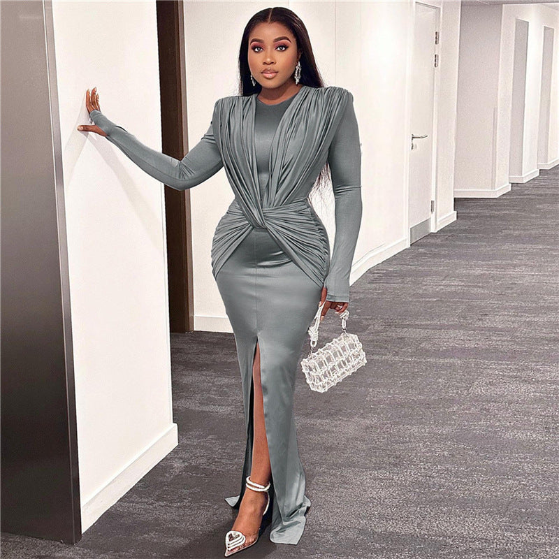 Round Neck Long Sleeve Slim Fit Slit Design Sense Dress