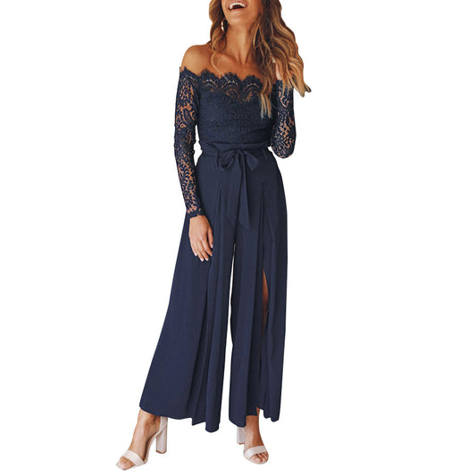 Women's Solid Color Lace High Waist Strap Loose Jumpsuit