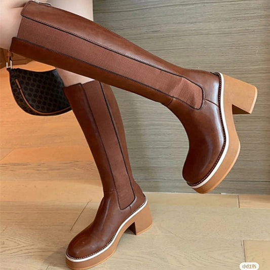 Cowhide Round Toe Thick Heel Boots Boots Thick Sole