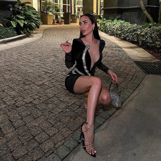 Black Diamond-encrusted Long-sleeved Slim Girl Bandage Skirt Dress