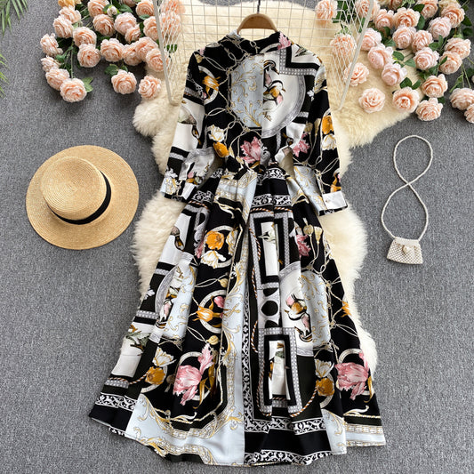 Design Niche Color Matching Printed Temperament Slim Light Mature Dress