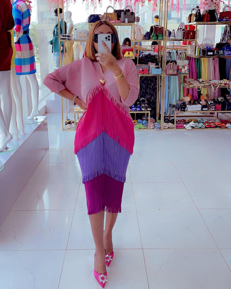 Pleated Tassel Gradient Color Dress Sanzhai Contrast Color V-neck Loose Slimming Temperament One-step Dress