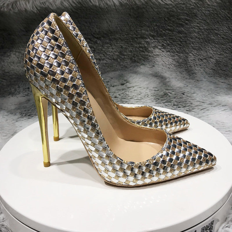 12cm Color Matching Woven High Heels