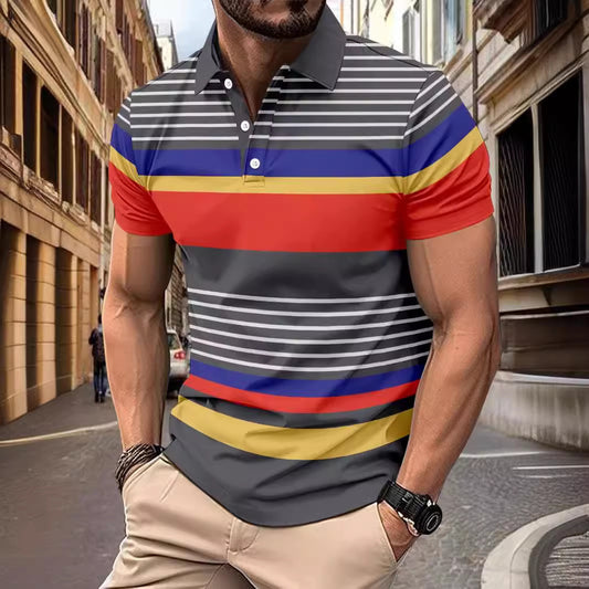 Men's Striped Lapel Short Sleeve Polo Shirt