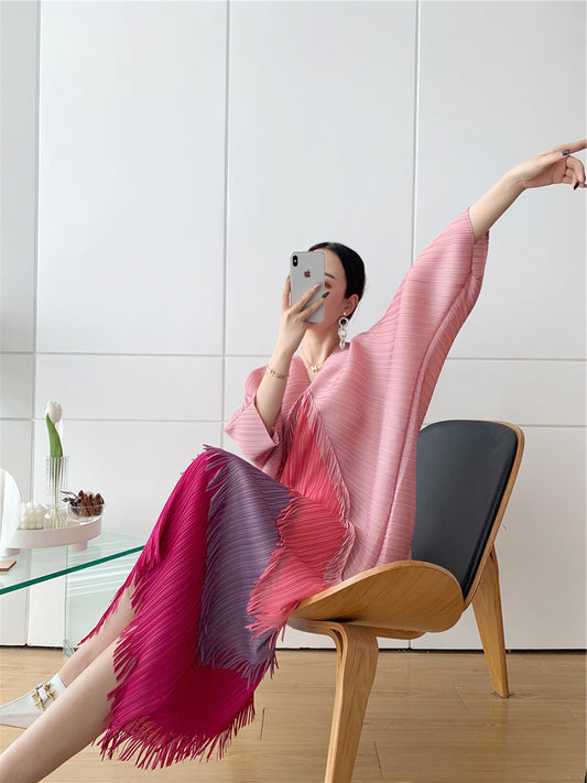 Pleated Tassel Gradient Color Dress Sanzhai Contrast Color V-neck Loose Slimming Temperament One-step Dress