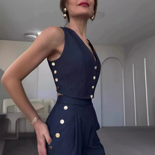 Women's Two-piece Suit With Solid Color And Buttons