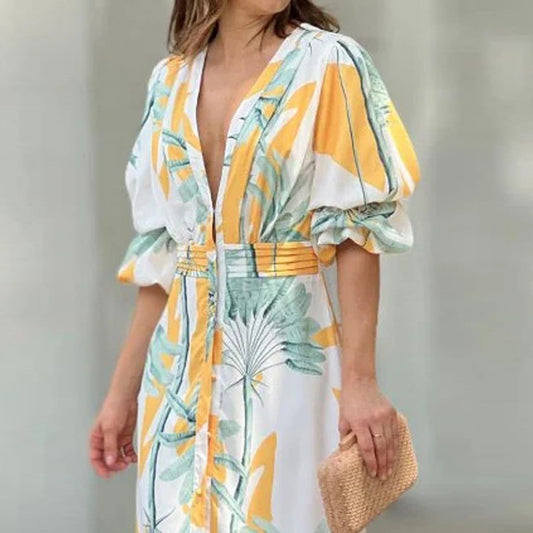 Fashion V Neck Bubble Sleeve Printed Dress