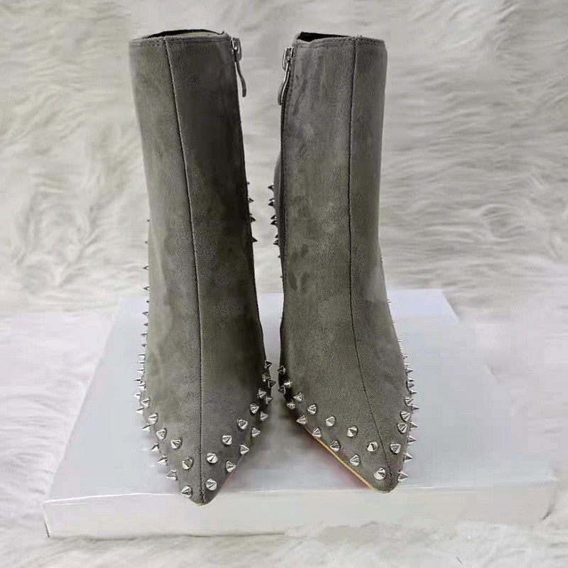 Suede Pointed Toe Gray Rivets Women's Boots Stiletto Heel Boots Side Zipper British Style Martin Boots