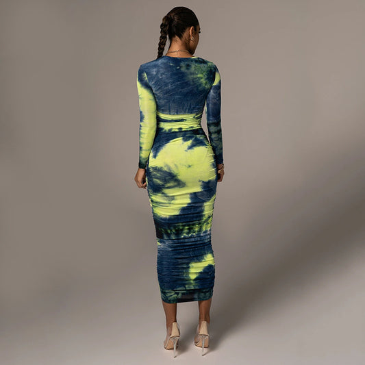 Long Sleeve Round Neck Slim Fit Temperament Versatile Printing And Dyeing Long Dress