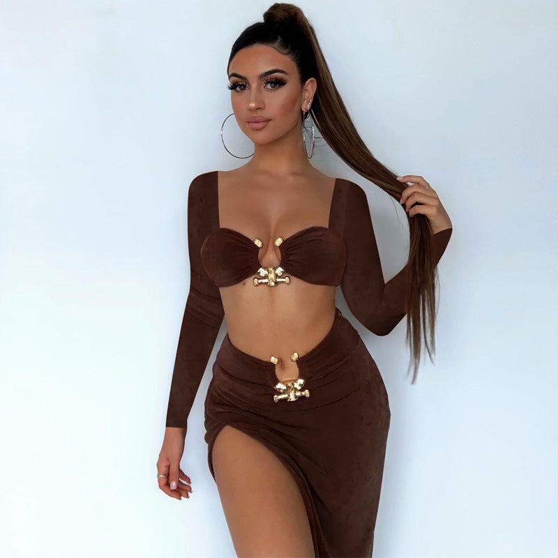 Women's Fashion Slim Square Neck Plunging Long-sleeved Half-body Dress Set