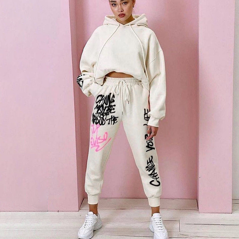 Letter Printing Casual Suit New Hit Color Long-sleeved Trousers Two-piece Women