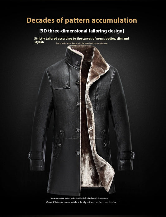 Men's Mid-length Stand Collar Sheepskin Thickened Fur Overcoat Coat