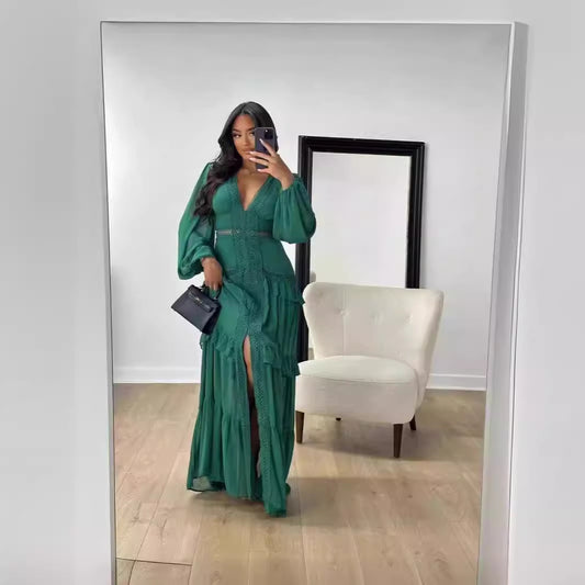 Elegant Stitching Long Sleeve V-neck Dress