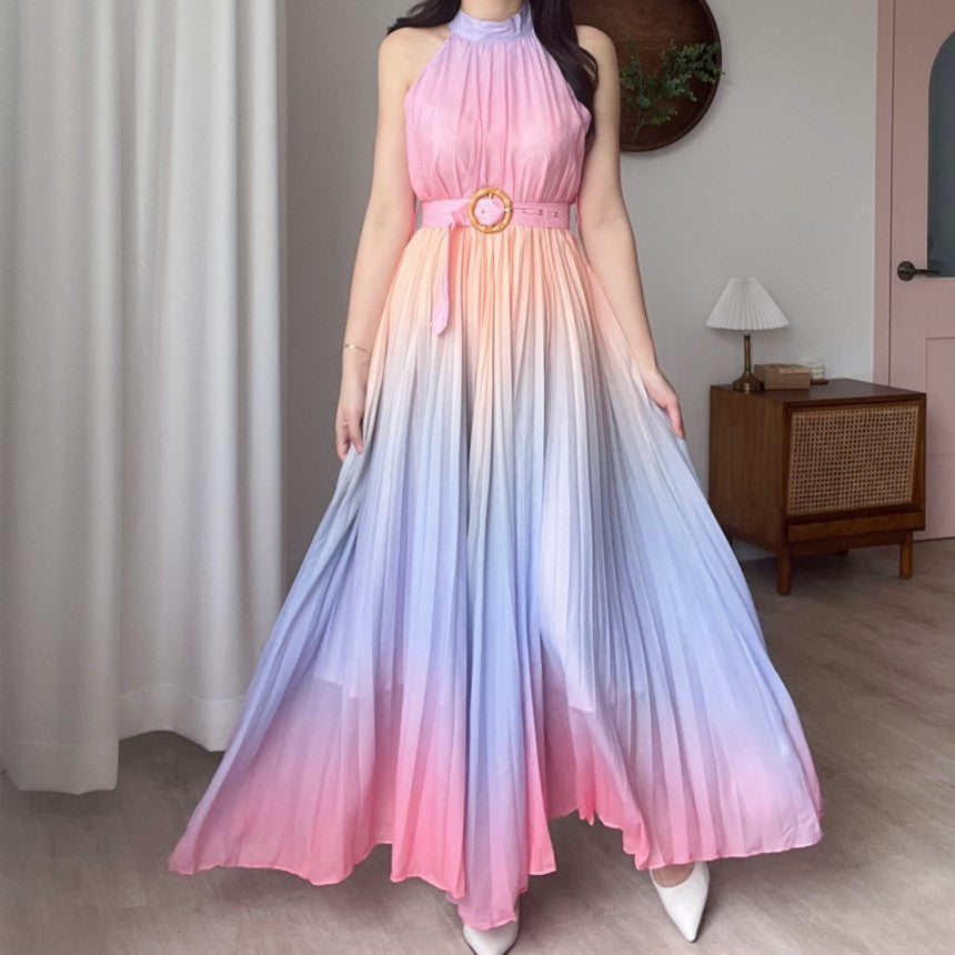 Ladies Gradient Color Pleated A-Line Sleeveless High Waist Dress