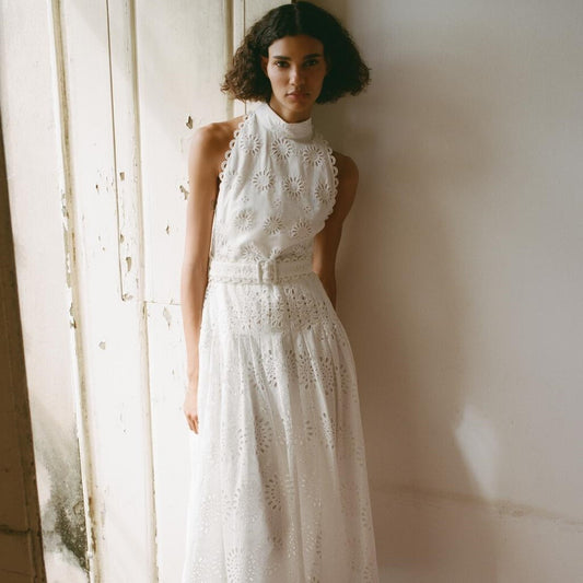 Standing Collar Sleeveless Hollow Out Embroidery Dress